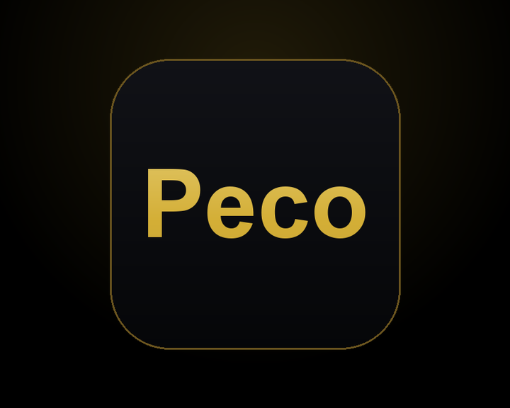 Peco のロゴ — 金色のトランプとエンブレムを黒地に配したブランドマーク